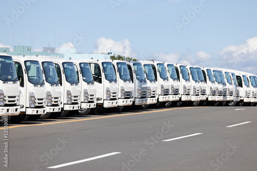 駐車場に整列する輸出前の白いトラック