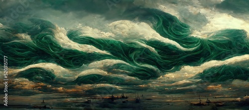 Vast panoramic fantasy cloudscape in emerald green colors, mesmerizing flowing ocean of surreal fabric folds stylized in renaissance inspired oil paint. 
