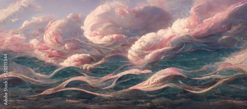 Vast panoramic fantasy cloudscape in light pink colors, mesmerizing flowing ocean of surreal fabric folds stylized in renaissance inspired oil paint.