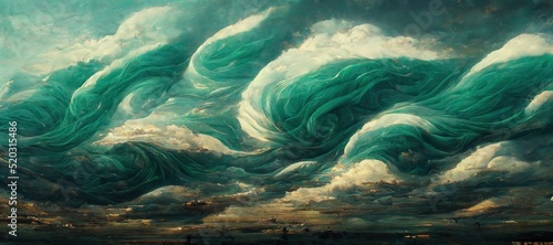 Vast panoramic fantasy cloudscape in emerald green colors, mesmerizing flowing ocean of surreal fabric folds stylized in renaissance inspired oil paint. 