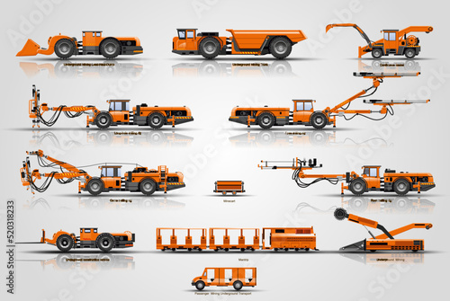 The set mine mining vehicles. The machine of mine mining underground operations. Equipment for construct tunnel .