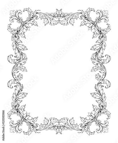 Vintage ornament frame. Victorian baroque floral border, rococo retro flower filigree decor, classic old antique square form. Blooming blossoms and decorative leaves. Vector pattern design