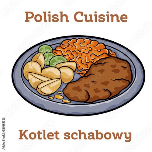 Kotlet Schabowy. Pork cutlet coated with breadcrumbs with potatoes and cabbage
