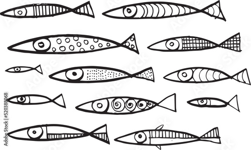 group of small fish, anchovies, funny, hand drawn: coloring pages