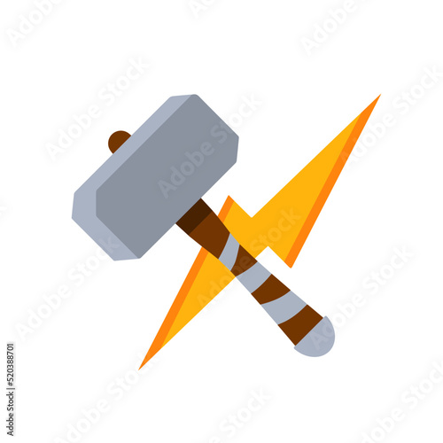 Thor hammer. God weapon. Norse mythology. Symbol of lightning power. Medieval steel weapons. Flat cartoon icon