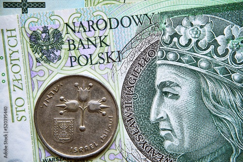 polski banknot,100 PLN, izraelska moneta, Polish banknote, 100 PLN, Israeli coin