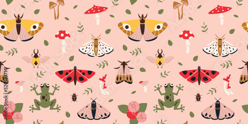 Seamless pattern with summer vibe, moth, mushrooms, plants, cartoon style. Cottagecore, goblincore aesthetics. Trendy modern vector illustration, hand drawn, flat