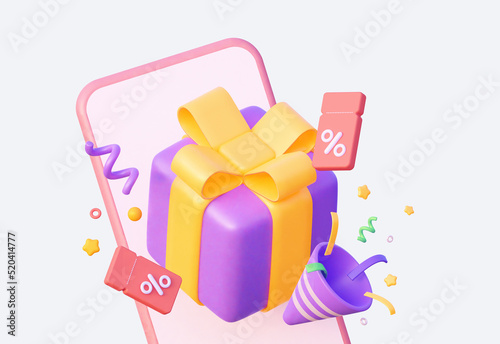 Pink coupons with gift on mobile phone and party popper. Big sale on mobile. The concept of a holiday sale. 3d rendering