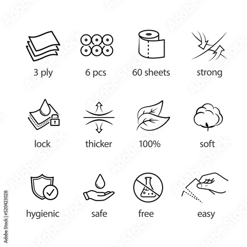 Icons for absorbent material set. Vector illustration. Perfect for kitchen towel, napkin, tissues, pads, baby diapers and etc. Stroke sign, easy change. EPS10. 