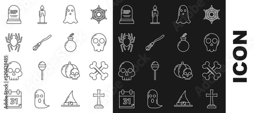 Set line Tombstone with cross, Crossed bones, Skull, Ghost, Witches broom, Spider, RIP and Bomb ready explode icon. Vector