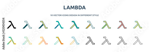 lambda icon in 18 different styles such as thin line, thick line, two color, glyph, colorful, lineal color, detailed, stroke and gradient. set of lambda vector for web, mobile, ui