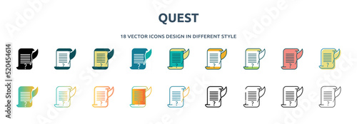 quest icon in 18 different styles such as thin line, thick line, two color, glyph, colorful, lineal color, detailed, stroke and gradient. set of quest vector for web, mobile, ui