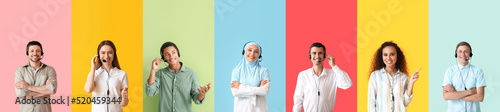 Set of technical support agents on color background