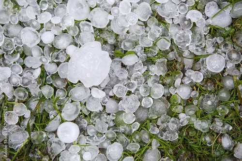Hail in grass after hail storm