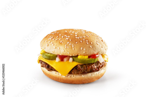 Delicious Cheese Beef Burger consists of Bun Bread, Patty, Pickle, Onion, Mayonnaise, Ketchup and Red Cheddar Cheese in a white background
