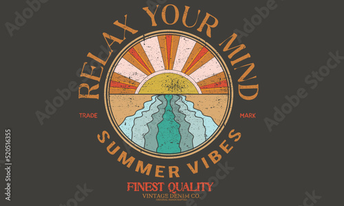 Relax your mind at the beach vintage graphic print design for t shirt and others. Beach adventure, background. Summer vibes illustration.