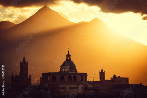 the skyline of palermo during sunset, sicily