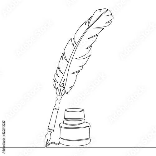 Continuous line drawing Retro inkwell and feather icon vector illustration concept