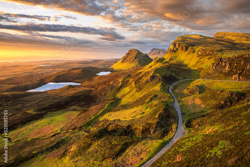 Dramatic views of sunrise over Trotternish Ridge seen from The Quiraing on the Isle of Skye, Scotland, UK.