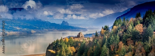 Panoramic view of the Vista House on Crown Point in the Columbia River Gorge