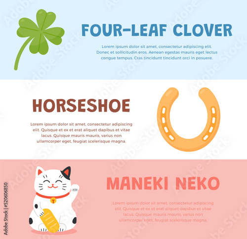 Good fortune symbols posters set, four-leaf clover, horseshoe and maneki neko, flat vector illustration.