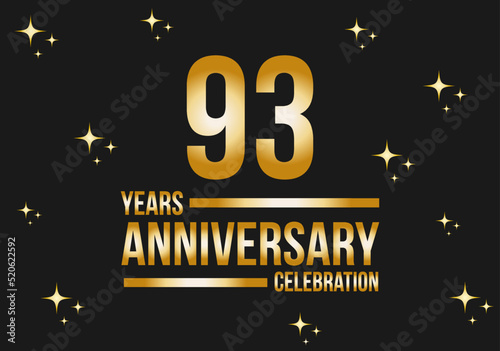 93 years anniversary celebration logo. Gold vector on black background with glitter.