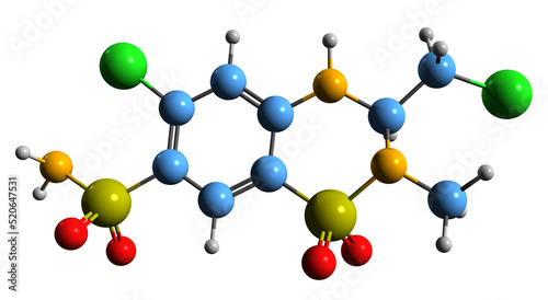 3D image of Methyclothiazide skeletal formula - molecular chemical structure of thiazide diuretic isolated on white background 