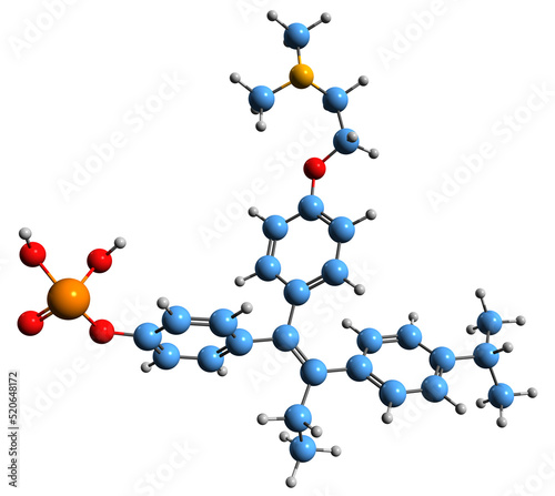 3D image of Miproxifene phosphate skeletal formula - molecular chemical structure of nonsteroidal selective estrogen receptor modulator isolated on white background