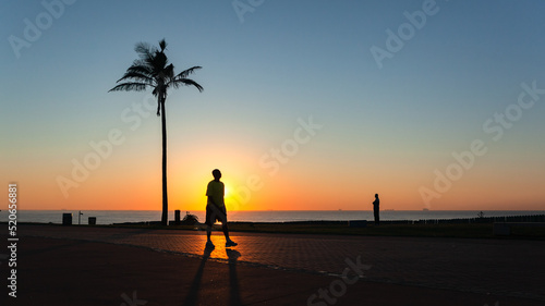 Beach Ocean Sunrise Horizon People Walking Silhouetted Lifestyle Landscape.
