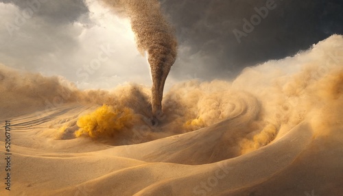 Tornado, storm wind with an air funnel in the desert. A weather phenomenon, a sandstorm. 3d Illustration of a sand tornado