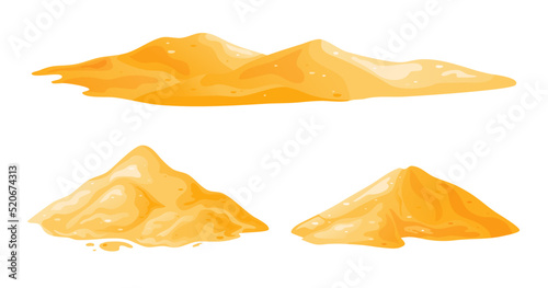 Pile of sand in cartoon, sandy dune in desert or at beach. Heap of building material. Vector illustration