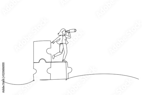Drawing of businesswoman standing on uncompleted jigsaw looking for missing piece. Finding solution concept. Single line art style