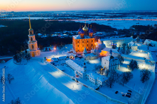Winter aerial view of architectural ensemble of ancient Kremlin in Ryazan in the evening, Ryazan Oblast, Russia