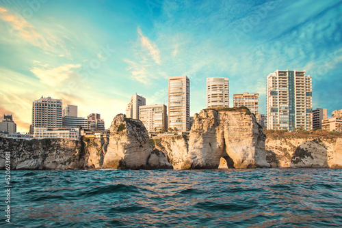 Beautiful view of the Pigeon Rocks on the promenade in the center of Beirut, Lebanon