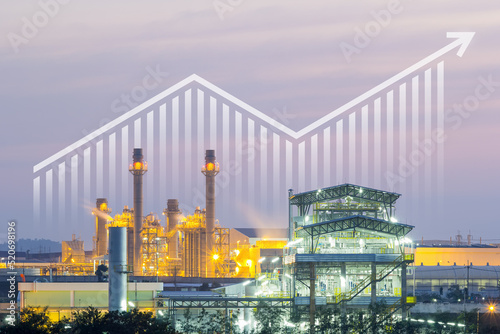 Power plant, gas fired power station. Include increasing bar chart, graph, arrow. Industrial factory may called combined cycle gas turbine plant. Concept for growth in electricity energy generation. 