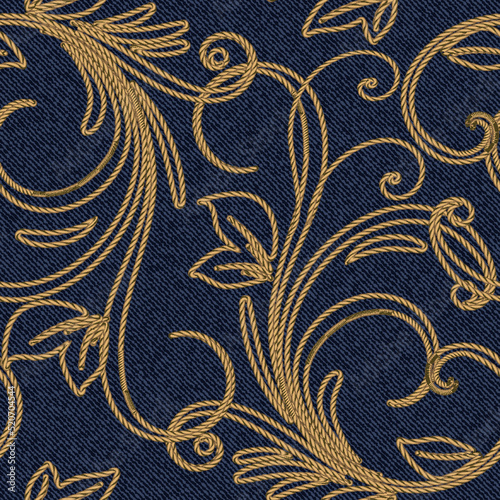 Beautiful gold string floral 3d seamless pattern. Textured denim jeans background. Tapestry repeat vector backdrop. Vintage swirls lines flowers embroidery ornament on jeans material. Endless texture