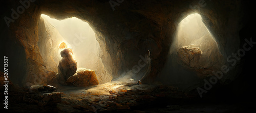 Panorama of a cave hidden inside a mountain, sunlight breaks through holes in the wall. 3d illustration