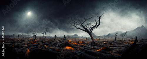 Devastated scorched earth in the valley, burnt trees, burnt vegetation and grass. 3d illustration