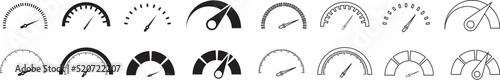 Speedometers icons set. Speed indicator sign. Performance concept. Fast speed sign. Vector illustration
