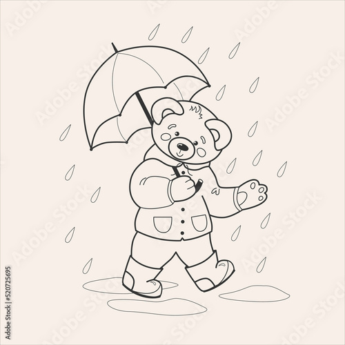 Cute bear with umbrella, black and white vector illustration