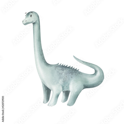 Watercolor diplodocus isolated. Card with prehistoric animal on transparent.