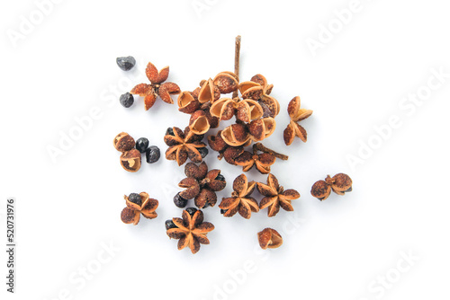 Group Sichuan Pepper isolated on white background, top view , flat lay.