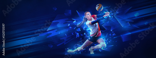 Flyer. Creative artwork with female volleyball player in motion with ball isolated on dark blue background with neoned elements. Art, creativity, sport