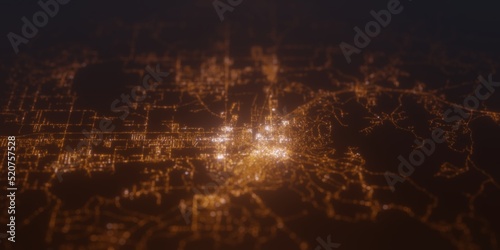 Street lights map of Helena (Montana, USA) with tilt-shift effect, view from west. Imitation of macro shot with blurred background. 3d render, selective focus