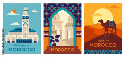 Set of travel morocco guide posters. Colorful advertising banners with country sights, architecture, camels and desert. Vacation or trip. Cartoon flat vector collection isolated on white background