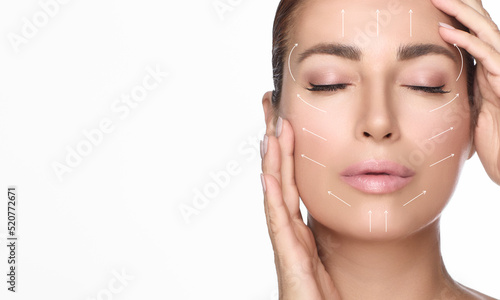 Beauty and Aged Skin Care Concept. Natural Woman Face with Healthy Flawless Skin and Lifting Arrows over face.