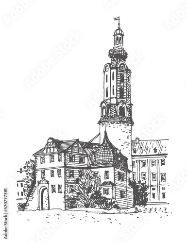 Sketch of Weimar, Germany. Medieval building illustration line art. Freehand drawing with a ink pen on paper. Hand drawn travel postcard. Urban sketch in black color isolated on white background.