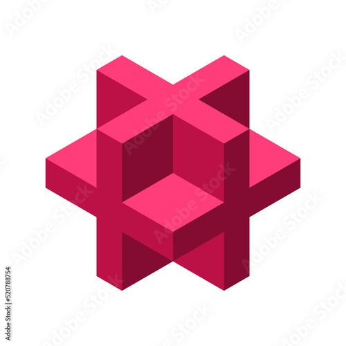 Red 3D cross or plus sign. Dimensional letter X. Isometric cube shape made of crosses. Necker cube figure. Abstract geometric object. Sacred geometry. Logo design. Vector illustration, clip art.