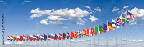 Flags of NATO - North Atlantic Treaty Organization, Sweden, Finland. - 3D illustration. Isolated on blue background.