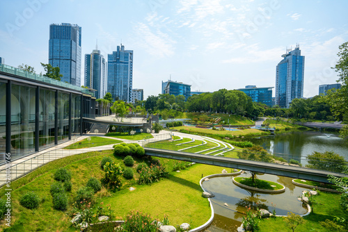 Beautiful Wetland Park and urban skyline in Chongqing, China